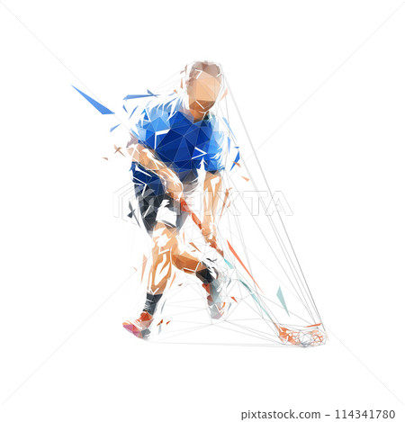 Floorball player, isolated low poly vector illustration. Team sport ahtlete, geometric drawing 114341780