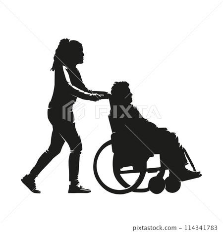 Senior in wheelchair is assisted by assistant, isolated vector silhouette 114341783
