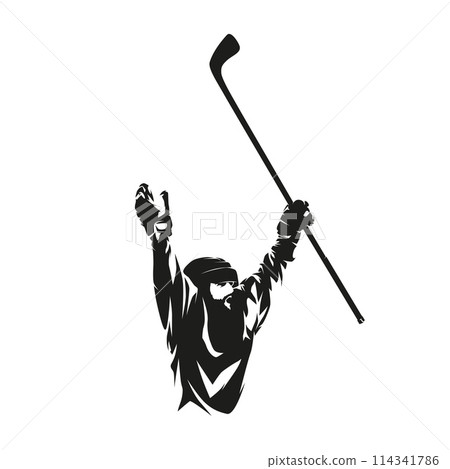 Hockey player, goal celebration, isolated vector silhouette, ink drawing. Ice hockey logo 114341786
