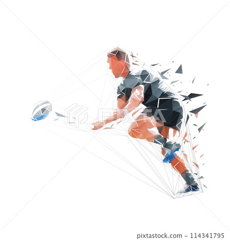Rugby player throwing ball, low poly isolated vector illustration, side view Rugby player throwing ball, low poly isolated vector illustration, side view 114341795