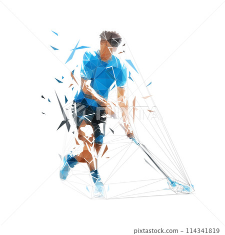 Floorball player, isolated low poly vector illustration. Team sport ahtlete, geometric drawing 114341819