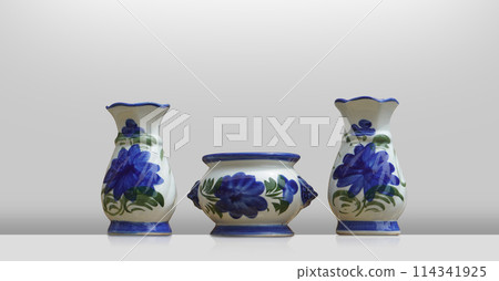white and blue ceramic Incense burner and two white and blue flower vase on white floor and white background, object, decor, fashion, vintage, copy space white and blue ceramic Incense burner and two white and blue flower vase on white floor and white background, object, decor, fashion, vintage, copy space 114341925