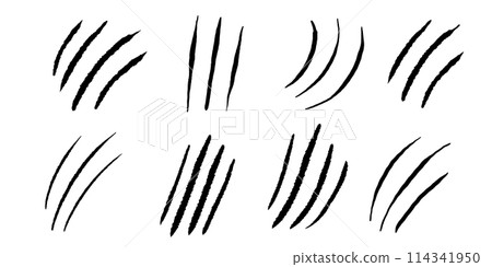 Clows scratches silhouette marks, cat or wild animal scrape track scratches paw shape isolated on white background. Nails trace texture with torn edge. Clows scratches silhouette marks, cat or wild animal scrape track scratches paw shape isolated on white background. Nails trace texture with torn edge. 114341950