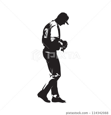 Baseball player, pitcher standing, side view. Isolated vector silhouette Baseball player, pitcher standing, side view. Isolated vector silhouette 114342088