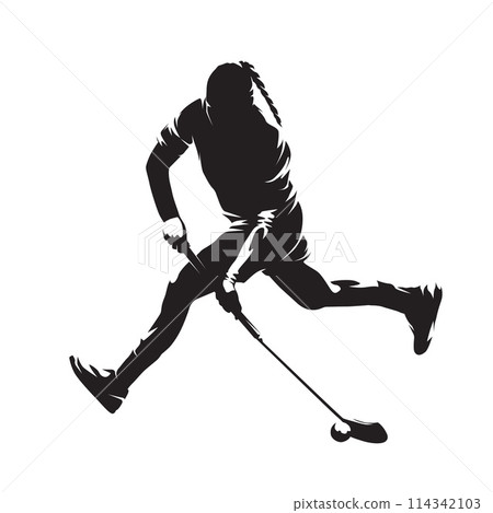 Floorball, woman playing floorball with stick and ball, isolated vector silhouette 114342103
