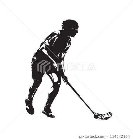 Floorball, woman playing floorball with stick and ball, isolated vector silhouette 114342104
