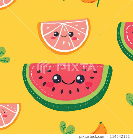 Background with happy watermelon and grapefruit, funny summer illustration Background with happy watermelon and grapefruit, funny summer illustration 114342131