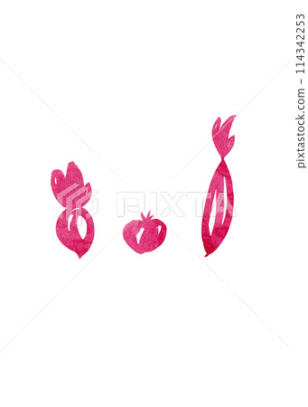 Vegetable silhouettes: radish, tomato, daikon. Modern abstract watercolor, great design for any purpose. Red doodles. Elegant decoration. Isolated elements. Paper texture 114342253
