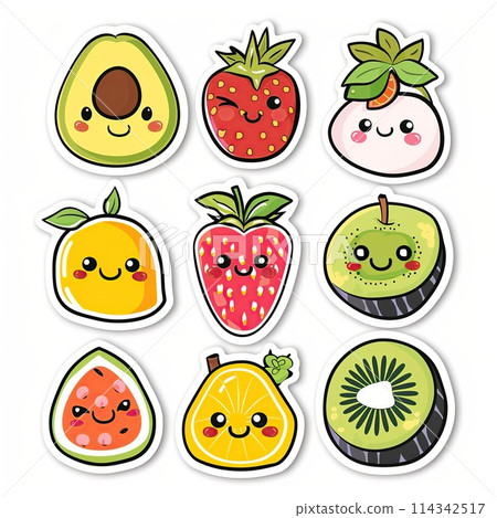 Fruit stickers set. Cute kawaii characters. Funny illustration isolated on white background. Fruit stickers set. Cute kawaii characters. Funny illustration isolated on white background. 114342517