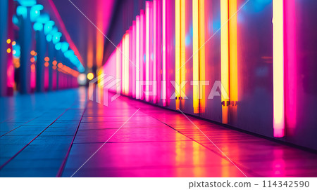 A visually striking street illuminated by vibrant neon, multicolored lights that cast an enchanting glow, creating a cyberpunk atmosphere. A concept for virtual reality or gaming design 114342590