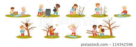 Cheerful Kid Character Enjoying Spring Season Vector Set 114342596