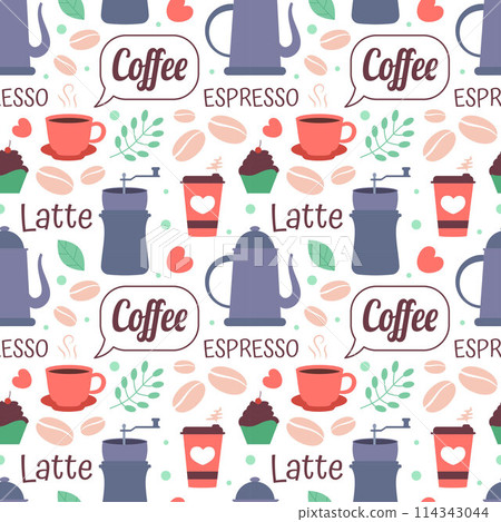 Coffee Time Seamless Pattern Design With Cacao Beans, Grains and Jug in Cartoon Flat Illustration Coffee Time Seamless Pattern Design With Cacao Beans, Grains and Jug in Cartoon Flat Illustration 114343044