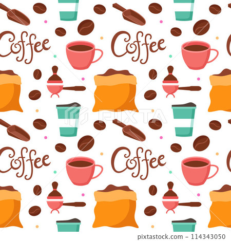 Coffee Time Seamless Pattern Design With Cacao Beans, Grains and Jug in Cartoon Flat Illustration Coffee Time Seamless Pattern Design With Cacao Beans, Grains and Jug in Cartoon Flat Illustration 114343050