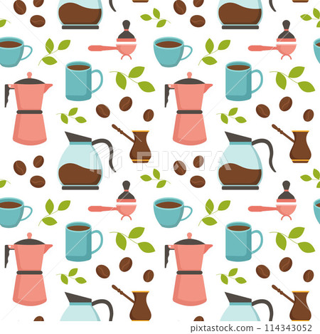 Coffee Time Seamless Pattern Design With Cacao Beans, Grains and Jug in Cartoon Flat Illustration Coffee Time Seamless Pattern Design With Cacao Beans, Grains and Jug in Cartoon Flat Illustration 114343052