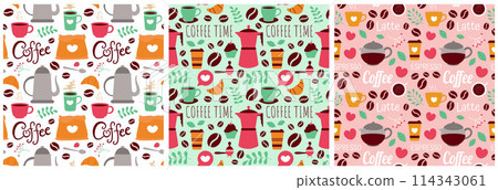 Coffee Time Seamless Pattern Design With Cacao Beans, Grains and Jug in Cartoon Flat Illustration 114343061