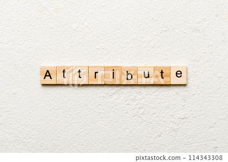 ATTRIBUTE word written on wood block. ATTRIBUTE text on cement table for your desing, concept 114343308