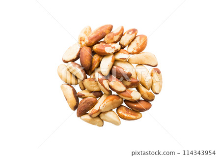 pile Brazil nuts isolated on white background, top view. Flat lay Healthy food concept pile Brazil nuts isolated on white background, top view. Flat lay Healthy food concept 114343954