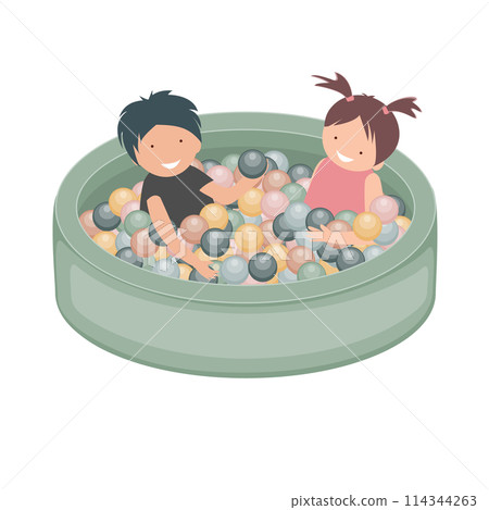 Happy little boy and girl smile and play in dry pool with colorful balls. Concept lifestyle childhood moment. Vector isolated illustration Happy little boy and girl smile and play in dry pool with colorful balls. Concept lifestyle childhood moment. Vector isolated illustration 114344263