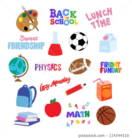 Hand drawn back to school elements such as water colours, globe, school bag, football, rugby ball, basketball, milk box, apple, math, chemistry, physics, text books for logo, icon, decoration, sticker 114344318