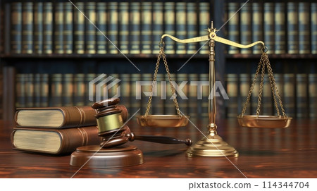 Courtroom scene with gavel, justice scales, and law books, legal concept 114344704