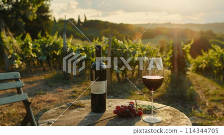 Tuscany vineyard elegance captured with red wine bottle and glass on a table Tuscany vineyard elegance captured with red wine bottle and glass on a table 114344705