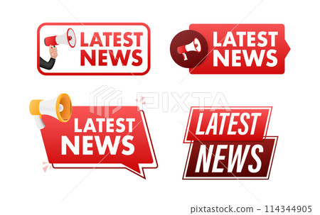 Latest News text with Megaphone label set. Megaphone in hand promotion banner. Marketing and advertising 114344905