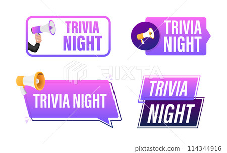 Trivia night text with Megaphone label set. Megaphone in hand promotion banner. Marketing and advertising Trivia night text with Megaphone label set. Megaphone in hand promotion banner. Marketing and advertising 114344916