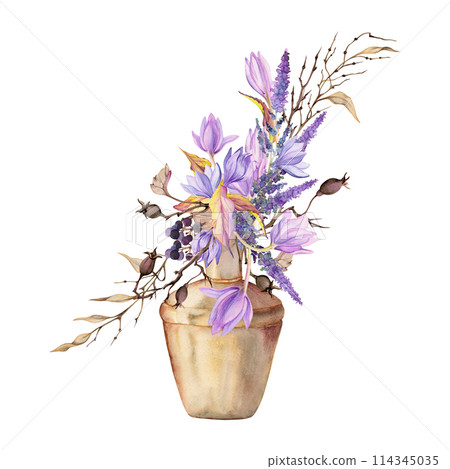 Hand drawn watercolor illustration shabby boho botanical flowers leaves. Crocus saffron rose hip veronica lavender berries in pottery vase. Bouquet isolated on white background. Design wedding, cards 114345035