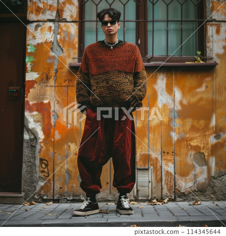Stylish Young Man in Trendy Street Fashion Standing Against Urban Textured Wall 114345644