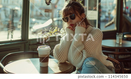Stylish Woman Sitting in a Cafe with Sunglasses and Coffee 114345650