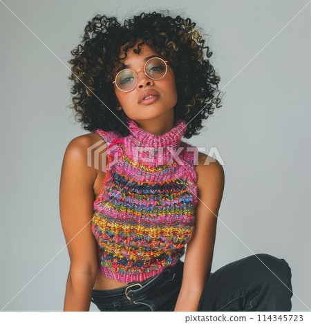 Stylish Young Woman in Colorful Knitted Turtleneck and Trendy Sunglasses 114345723