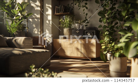 Cozy Living Room Interior with Modern Wooden Furniture and Lush Houseplants 114345757