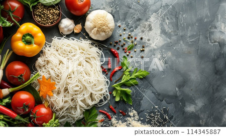 Shirataki noodles with vegetables and spices on grey table, top view 114345887