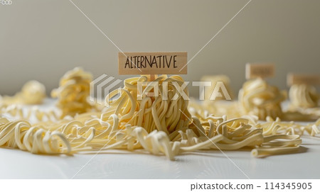 Soy noodles with a wooden sign. Conceptual image. 114345905