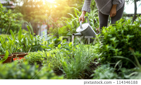 Woman Watering Garden With Watering Can Woman Watering Garden With Watering Can 114346188