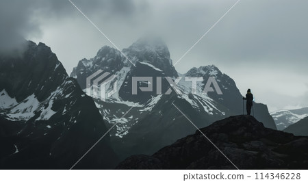 Man Standing Atop Snow-Covered Mountain Man Standing Atop Snow-Covered Mountain 114346228