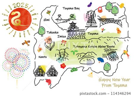 Illustrated map of tourist spots in Toyama Prefecture New Year's card 2025 114346294