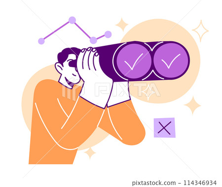 A man with binoculars stares intently into the distance, searching and analyzing data. 114346934