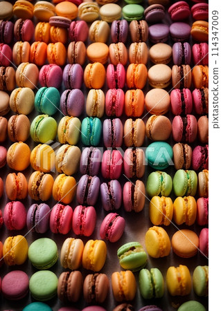 Top view texture of fresh multicolored Macaroons  114347009