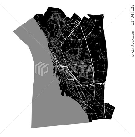 Map of Helsingborg, Sweden. Black and white city map, metropolitan area border. 114347122