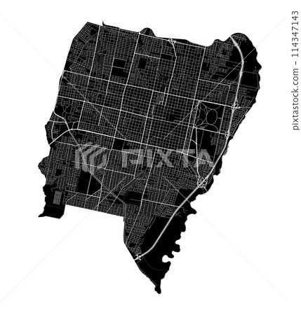 San Miguel de Tucuman city map, Argentina. Municipal administrative borders, black and white area map with rivers and roads, parks and railways. San Miguel de Tucuman city map, Argentina. Municipal administrative borders, black and white area map with rivers and roads, parks and railways. 114347143