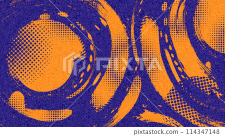 Abstract Sports Background with Blue and Orange Brush Texture and Halftone Effect. Retro Grunge Background for Banner or Poster Design 114347148