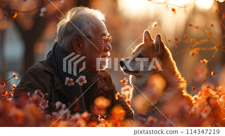 Elderly Man and Dog Enjoying Sunset Together Elderly Man and Dog Enjoying Sunset Together 114347219