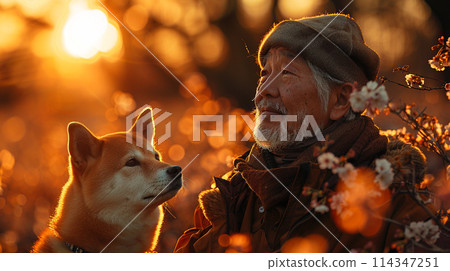 Elderly Man and Shiba Inu Enjoying Sunset Together Elderly Man and Shiba Inu Enjoying Sunset Together 114347251