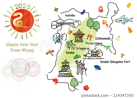 Miyagi Prefecture tourist destination illustrated map New Year's card 2025 114347293