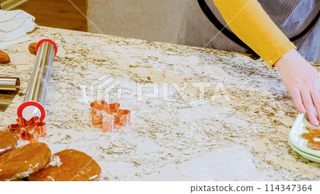 Using an adjustable rolling pin to roll out gingerbread cookie dough on the elegant marble counter in a modern kitchen, getting ready for festive holiday baking. Using an adjustable rolling pin to roll out gingerbread cookie dough on the elegant marble counter in a modern kitchen, getting ready for festive holiday baking. 114347364