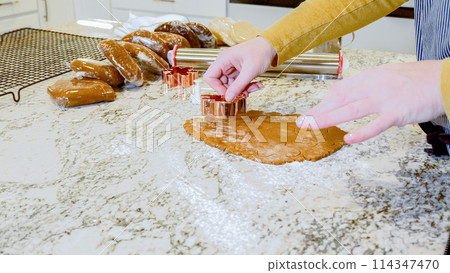 Using various festive cookie cutters, we're cutting out charming gingerbread cookies from the rolled dough on the sleek marble counter, bringing holiday cheer to the modern kitchen. Using various festive cookie cutters, we're cutting out charming gingerbread cookies from the rolled dough on the sleek marble counter, bringing holiday cheer to the modern kitchen. 114347470