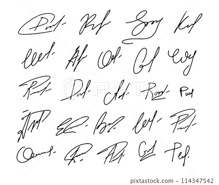 Fake hand drawn autographs . Handwritten signature scribble for business certificate or letter. Vector isolated illustration Fake hand drawn autographs . Handwritten signature scribble for business certificate or letter. Vector isolated illustration 114347542