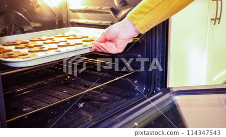 Scrumptious gingerbread cookies getting baked to perfection in a gas oven, filling the kitchen with warm, aromatic holiday bliss. 114347543