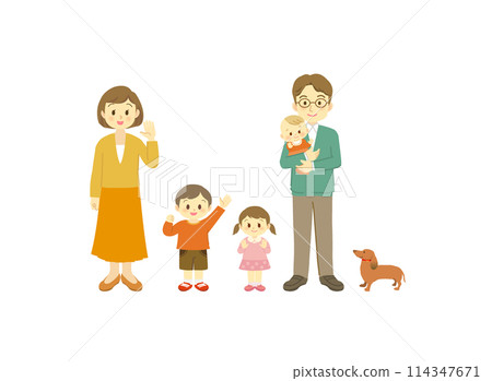 Two-generation family waving together (full body) A family of five consisting of a husband and wife, a son, a daughter, a baby, and a small dog 114347671